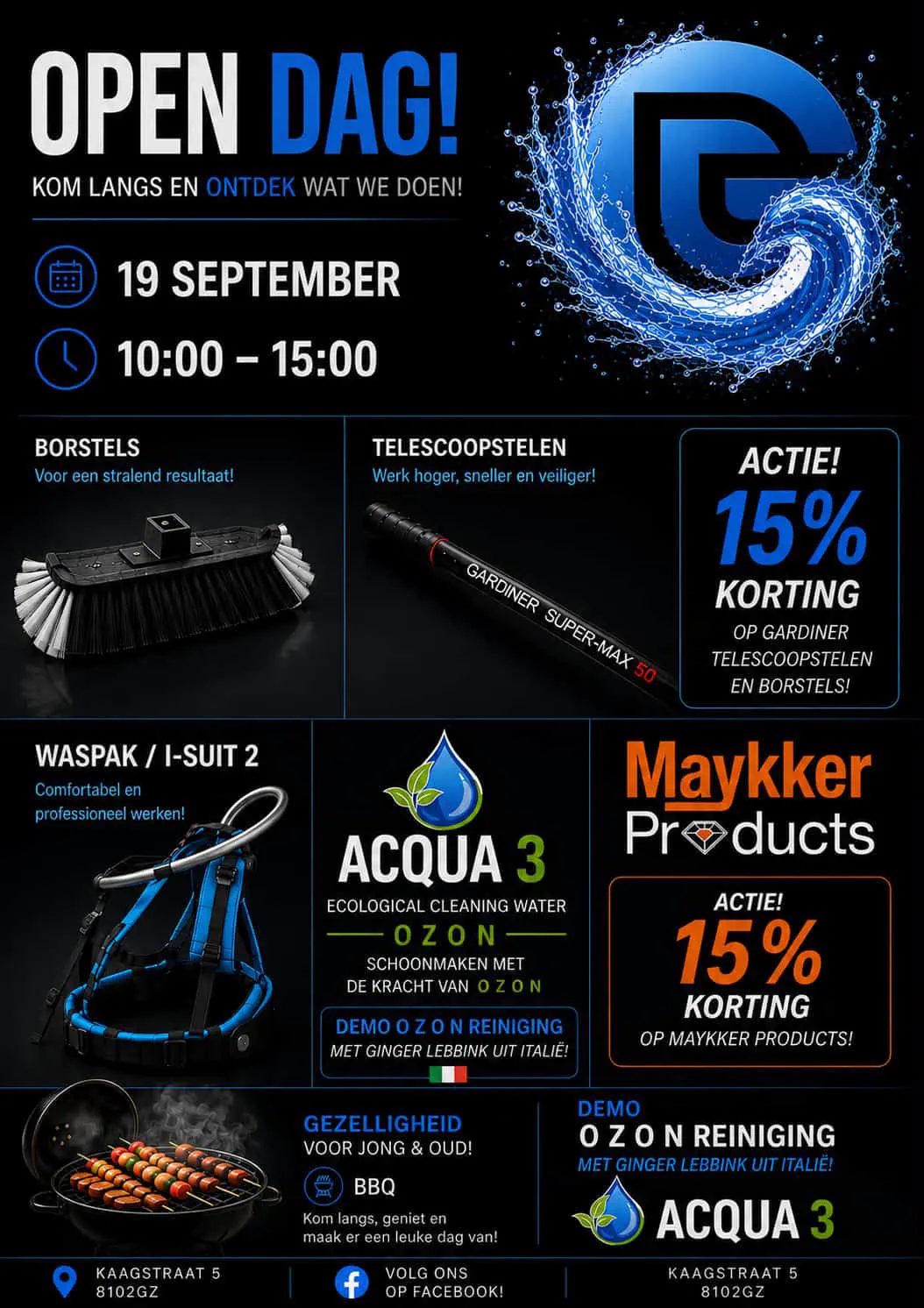 Flyer van de open dag van Go Cleaning op 19 september van 10.00 tot 15.00 uur aan de Kaagstraat 5 in Raalte, met borstels, telescoopstelen, waspakken, een Acqua3-ozondemo en een barbecue.
